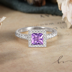 Princess Cut Amethyst Engagement Ring Half Eternity Halo Promise Ring