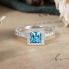 Princess Cut Aquamarine Engagement Ring Half Eternity Halo Promise Ring