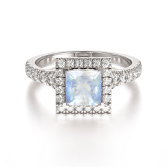 Princess Cut Moonstone Engagement Ring Half Eternity Halo Promise Ring