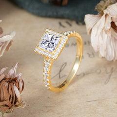 Princess Cut Moissanite Engagement Ring Half Eternity Halo Promise Ring