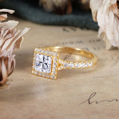 Princess Cut Moissanite Engagement Ring Half Eternity Halo Promise Ring