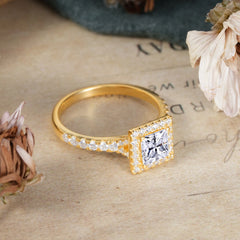 Princess Cut Moissanite Engagement Ring Half Eternity Halo Promise Ring