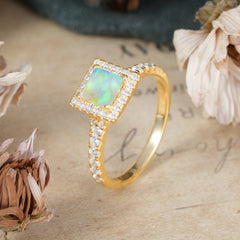 Princess Cut Opal Engagement Ring Half Eternity Halo Promise Ring