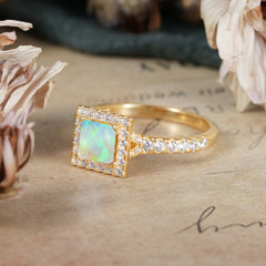 Princess Cut Opal Engagement Ring Half Eternity Halo Promise Ring