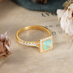Princess Cut Opal Engagement Ring Half Eternity Halo Promise Ring