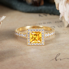 Princess Cut Citrine Engagement Ring Half Eternity Halo Promise Ring