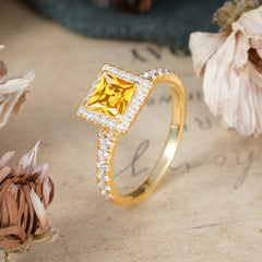 Princess Cut Citrine Engagement Ring Half Eternity Halo Promise Ring