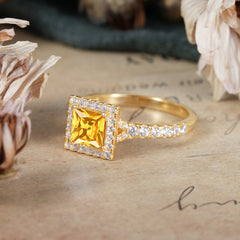 Princess Cut Citrine Engagement Ring Half Eternity Halo Promise Ring