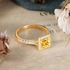 Princess Cut Citrine Engagement Ring Half Eternity Halo Promise Ring