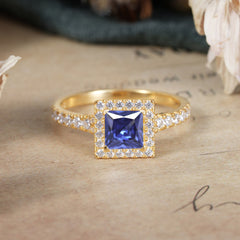 Princess Cut Tanzanite Engagement Ring Half Eternity Halo Promise Ring