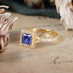 Princess Cut Tanzanite Engagement Ring Half Eternity Halo Promise Ring