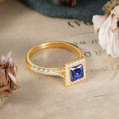 Princess Cut Tanzanite Engagement Ring Half Eternity Halo Promise Ring