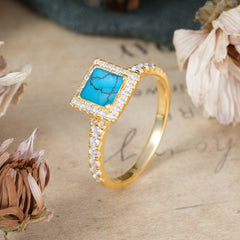 Princess Cut Turquoise Engagement Ring Half Eternity Halo Promise Ring