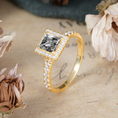 Princess Cut Black Rutilated Quartz Engagement Ring Half Eternity Halo Promise Ring