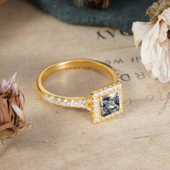 Princess Cut Black Rutilated Quartz Engagement Ring Half Eternity Halo Promise Ring