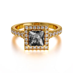 Princess Cut Black Rutilated Quartz Engagement Ring Half Eternity Halo Promise Ring