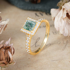 Princess Cut Moss Agate Engagement Ring Half Eternity Halo Promise Ring