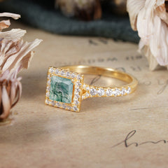 Princess Cut Moss Agate Engagement Ring Half Eternity Halo Promise Ring