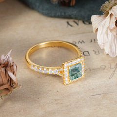 Princess Cut Moss Agate Engagement Ring Half Eternity Halo Promise Ring