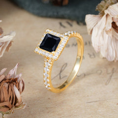 Princess Cut Black Onyx Engagement Ring Half Eternity Halo Promise Ring