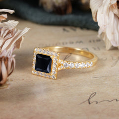 Princess Cut Black Onyx Engagement Ring Half Eternity Halo Promise Ring