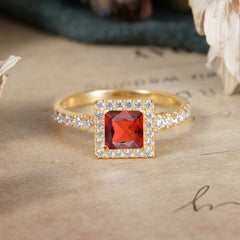 Princess Cut Garnet Engagement Ring Half Eternity Halo Promise Ring