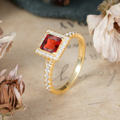 Princess Cut Garnet Engagement Ring Half Eternity Halo Promise Ring