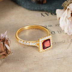 Princess Cut Garnet Engagement Ring Half Eternity Halo Promise Ring