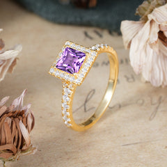 Princess Cut Amethyst Engagement Ring Half Eternity Halo Promise Ring