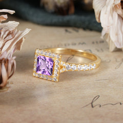 Princess Cut Amethyst Engagement Ring Half Eternity Halo Promise Ring