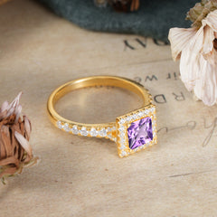 Princess Cut Amethyst Engagement Ring Half Eternity Halo Promise Ring