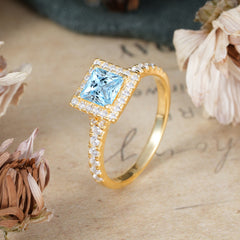 Princess Cut Aquamarine Engagement Ring Half Eternity Halo Promise Ring