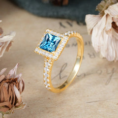 Princess Cut Aquamarine Engagement Ring Half Eternity Halo Promise Ring