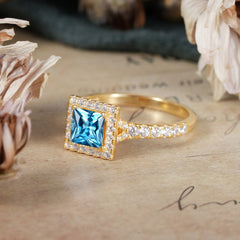 Princess Cut Aquamarine Engagement Ring Half Eternity Halo Promise Ring