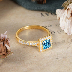 Princess Cut Aquamarine Engagement Ring Half Eternity Halo Promise Ring