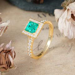 Princess Cut Emerald Engagement Ring Half Eternity Halo Promise Ring