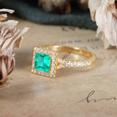 Princess Cut Emerald Engagement Ring Half Eternity Halo Promise Ring