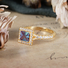 Princess Cut Alexandrite Engagement Ring Half Eternity Halo Promise Ring
