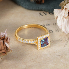 Princess Cut Alexandrite Engagement Ring Half Eternity Halo Promise Ring