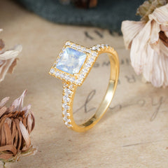 Princess Cut Natural Moonstone Engagement Ring Half Eternity Halo Promise Ring