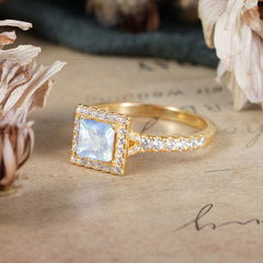 Princess Cut Natural Moonstone Engagement Ring Half Eternity Halo Promise Ring