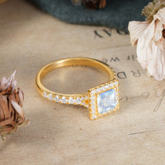 Princess Cut Natural Moonstone Engagement Ring Half Eternity Halo Promise Ring