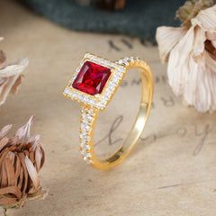 Princess Cut Ruby Engagement Ring Half Eternity Halo Promise Ring