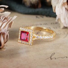 Princess Cut Ruby Engagement Ring Half Eternity Halo Promise Ring