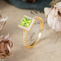 Princess Cut Peridot Engagement Ring Half Eternity Halo Promise Ring