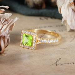Princess Cut Peridot Engagement Ring Half Eternity Halo Promise Ring