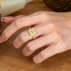 Princess Cut Peridot Engagement Ring Half Eternity Halo Promise Ring
