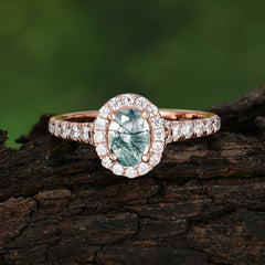 1 Carat Oval Cut Moss Agate Engagement Ring Half Eternity Halo Promise Ring