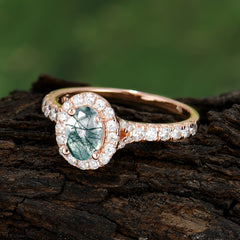 1 Carat Oval Cut Moss Agate Engagement Ring Half Eternity Halo Promise Ring