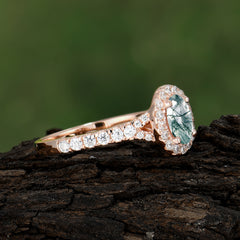 1 Carat Oval Cut Moss Agate Engagement Ring Half Eternity Halo Promise Ring